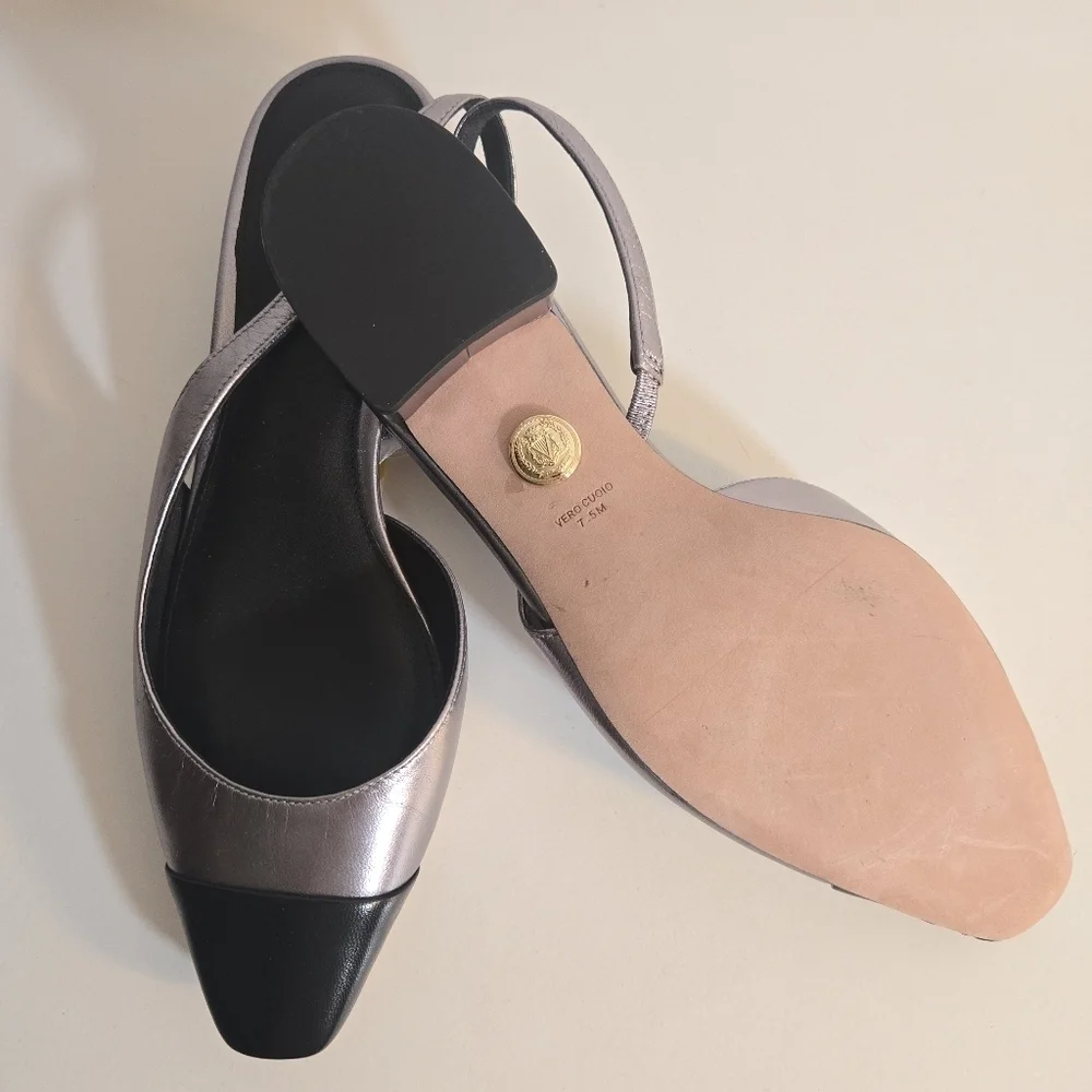New Veronica Beard Cecile Metallic Silver/Black Leather Slingback Pump 7.5 NWOT